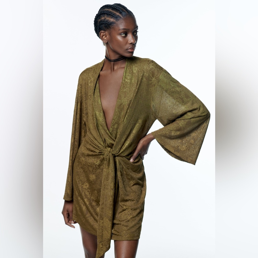 Brand New Zara Olive Green Jacquard Dress Size M Ref 4886/452